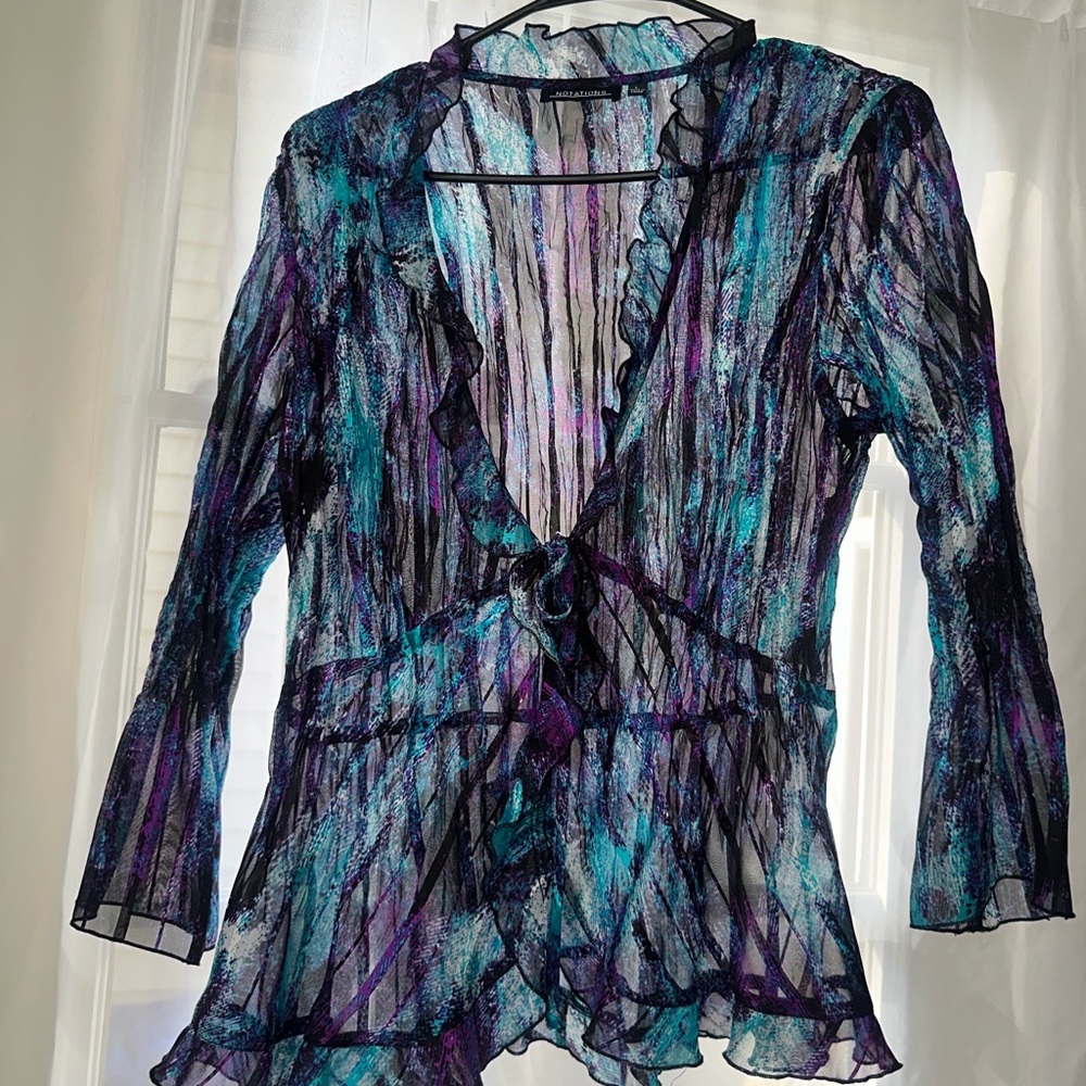 Notations Teal Blue Purple Metallic Sheer Cowl Neck Blouse - Picture 6 of 8